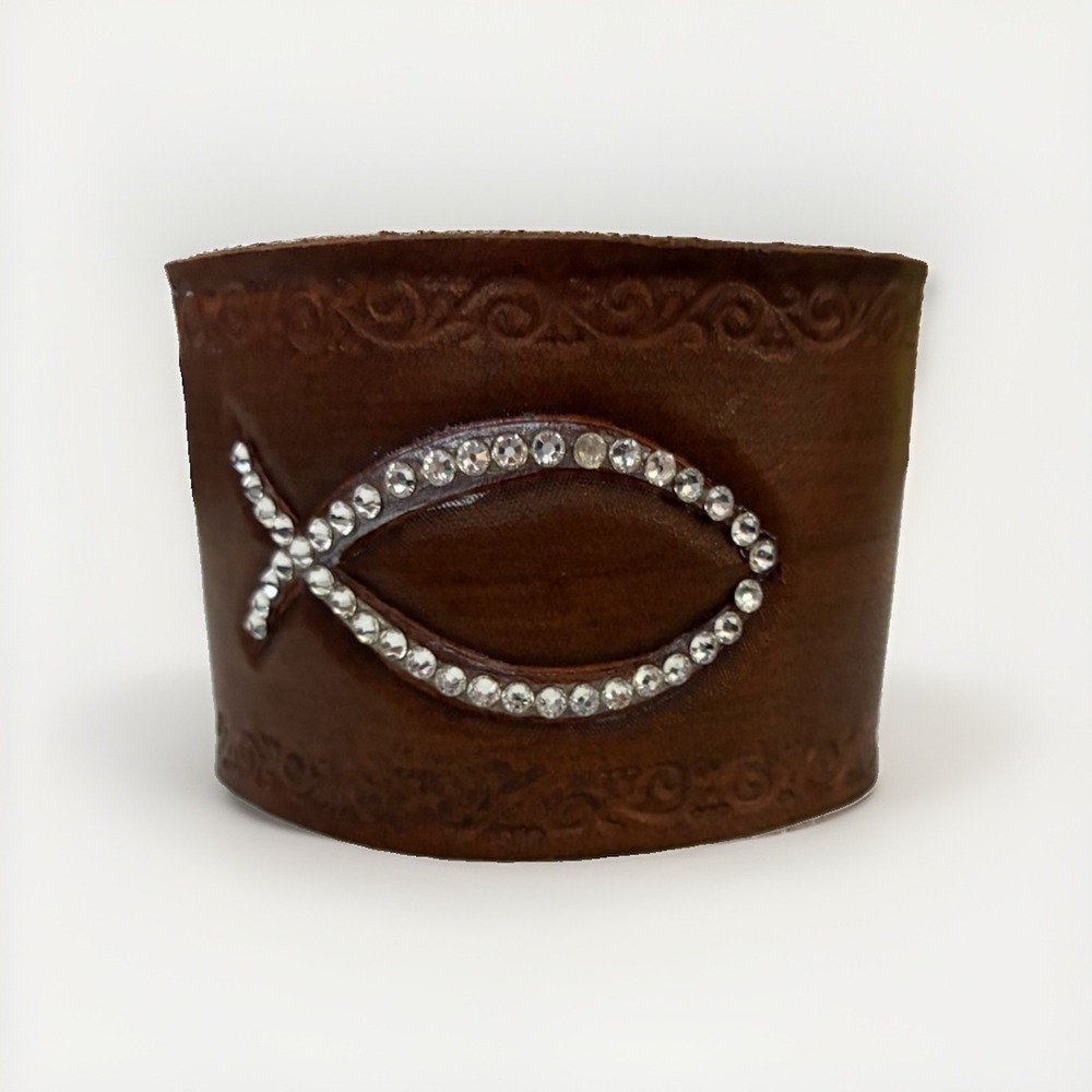 Swarovski Crystal Leather Custom Made Bracelet Cuff Christian Jewelry Jesus